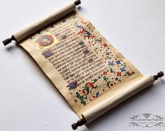 Miniature open scroll, Medieval Illuminated Manuscript, dollhouse miniature 1/12  1/6 scale-Aged paper-Wooden Walnut handles-Fantasy-Library