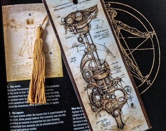 Bookmark-Book-Page marker-Leonardo Da Vinci-Blueprint-Sketch-Renaissance-Tassel-Gift-Present-Reading Lover-Library-Librarian-For her-For him