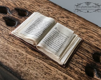 Miniature tiny open book-dollhouse miniatures-tiny little mini book-plain-text-empty glued pages inside-fantasy setting-library-desk-diorama