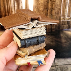 May include: A stack of miniature books with a brown leather cover on top. The books are arranged in a hand, with the top book open and the pages fanned out.