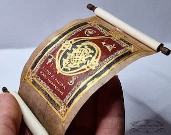 Miniature open scroll, Medieval Illuminated Manuscript, dollhouse miniature 1/6 scale-Evangelia Ottonis-Wooden Walnut handles-Fantasy-Gold
