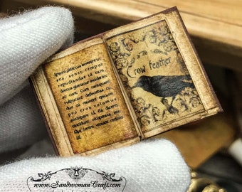 Dollhouse miniature open book. Crow and plain text. Paper brown cover, aged paper. Fantasy scene-magic-diorama-art project-witch-table