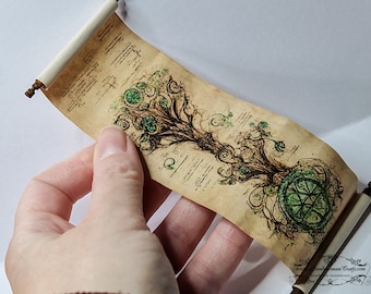 Miniature open scroll, Yggdrasil Tree, dollhouse miniature 1/12  1/6 scale, aged paper, wooden Walnut handles, magic, fantasy, desk, library