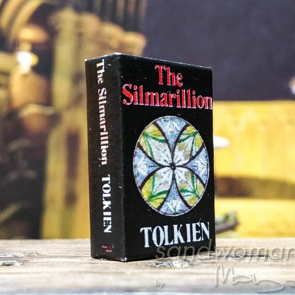 Dollhouse miniature book "The Silmarillion" of Tolkien in 1:12 scale, 1 inch scale. Detailed back, front and spine, paper cover, ivory pages