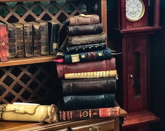 May include: A miniature library scene featuring a stack of antique-style books in various colors, including brown, red, and black. The books are stacked on a wooden surface, with a shelf of books in the background and a grandfather clock.