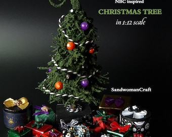 May include: A 1:12 scale dollhouse miniature Christmas tree with a curled top, decorated with purple, orange, and black beads and a black and white striped garland. Surrounded by various small wrapped gift boxes with bows and ribbons.