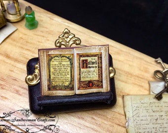 Dollhouse miniature open book-Halliwell Matriarchs spell-Paper brown cover, aged paper. Fantasy scene-magic-diorama-art project-witch-table