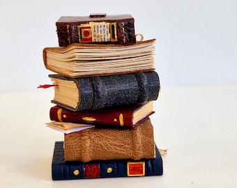 Pile/ stack/ set of dollhouse miniature leather and faux leather books in 1:6 scale/ OOAK-Mini scroll-Paper notes-Desk-Study-Gift-Dolls