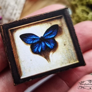 May include: A small framed picture with a blue butterfly inside. The frame is dark brown wood with a gold inner border.
