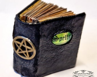 Miniature leather book-Leather bound-Black leather-Book of Spells-Legible-Aged-Library-Dollhouse miniatures-1:6 scale-Witchcraft-Spellwork
