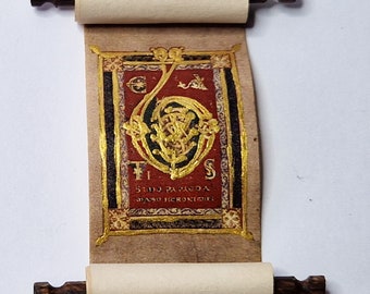 Miniature open scroll, Medieval Illuminated Manuscript, dollhouse miniature 1/12 scale-Evangelia Ottonis-Wooden Walnut handles-Fantasy-Gold