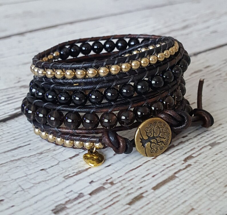 x4 Beaded Wrap Bracelet Tree of Life Boho Chic Wrap Bracelet Black Tourmaline /& Gold Hematite Wrap Bacelet Smokey Quartz Charm Bracelet