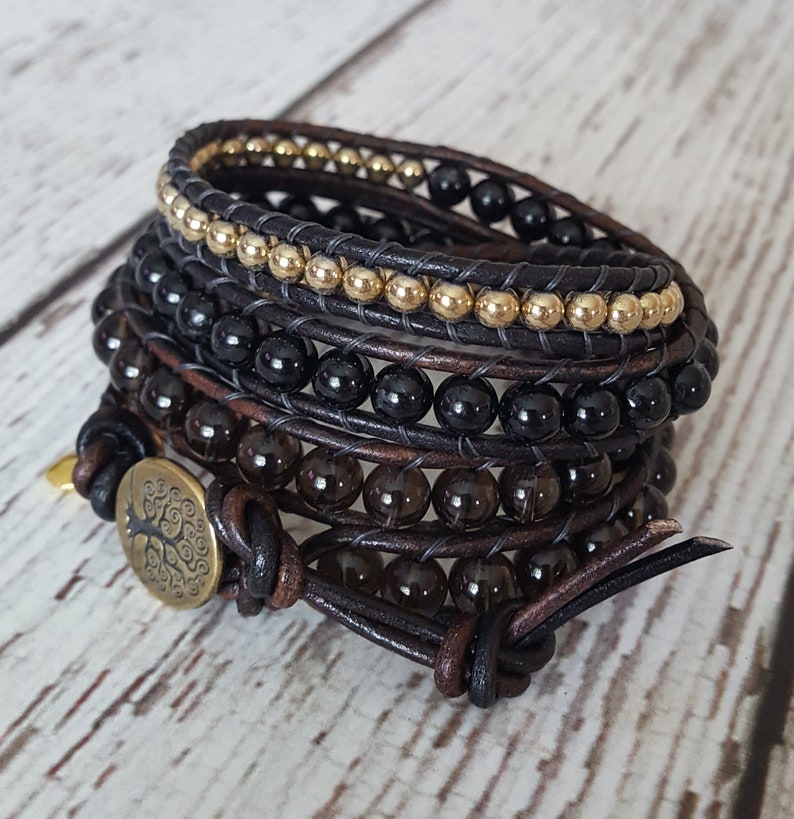 x4 Beaded Wrap Bracelet Tree of Life Boho Chic Wrap Bracelet Black Tourmaline /& Gold Hematite Wrap Bacelet Smokey Quartz Charm Bracelet