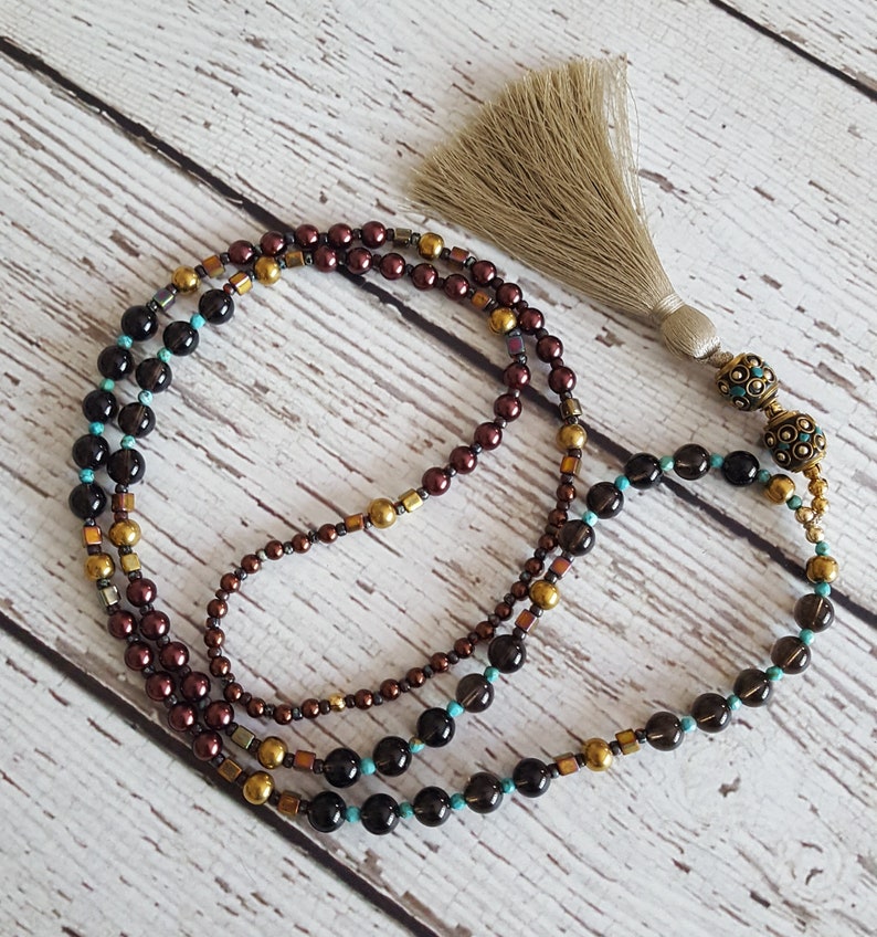 Yoga Necklace Long Tassel Necklace Pearl Boho Chic Tassel Necklace Hematite Smokey Quartz Boho Silk Tassel Necklace Beaded Necklace