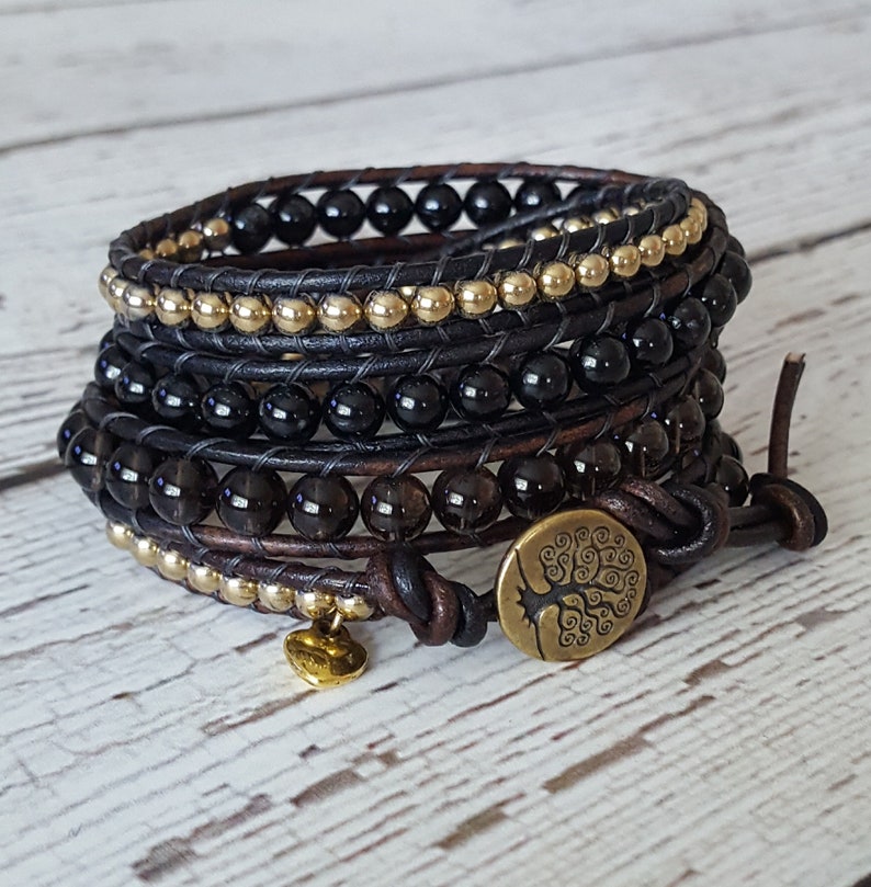 x4 Beaded Wrap Bracelet Tree of Life Boho Chic Wrap Bracelet Black Tourmaline /& Gold Hematite Wrap Bacelet Smokey Quartz Charm Bracelet