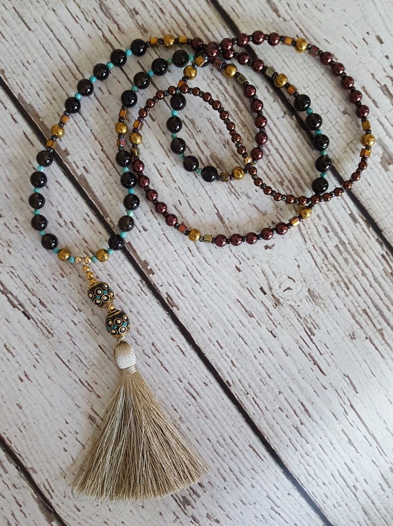 Yoga Necklace Long Tassel Necklace Pearl Boho Chic Tassel Necklace Hematite Smokey Quartz Boho Silk Tassel Necklace Beaded Necklace