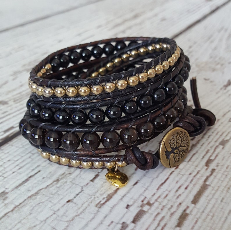 x4 Beaded Wrap Bracelet Tree of Life Boho Chic Wrap Bracelet Black Tourmaline /& Gold Hematite Wrap Bacelet Smokey Quartz Charm Bracelet