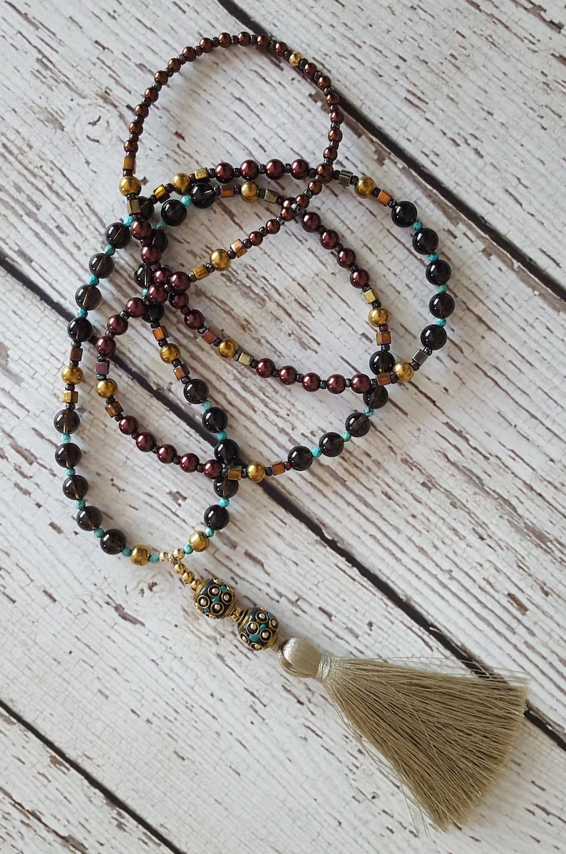 Yoga Necklace Long Tassel Necklace Pearl Boho Chic Tassel Necklace Hematite Smokey Quartz Boho Silk Tassel Necklace Beaded Necklace
