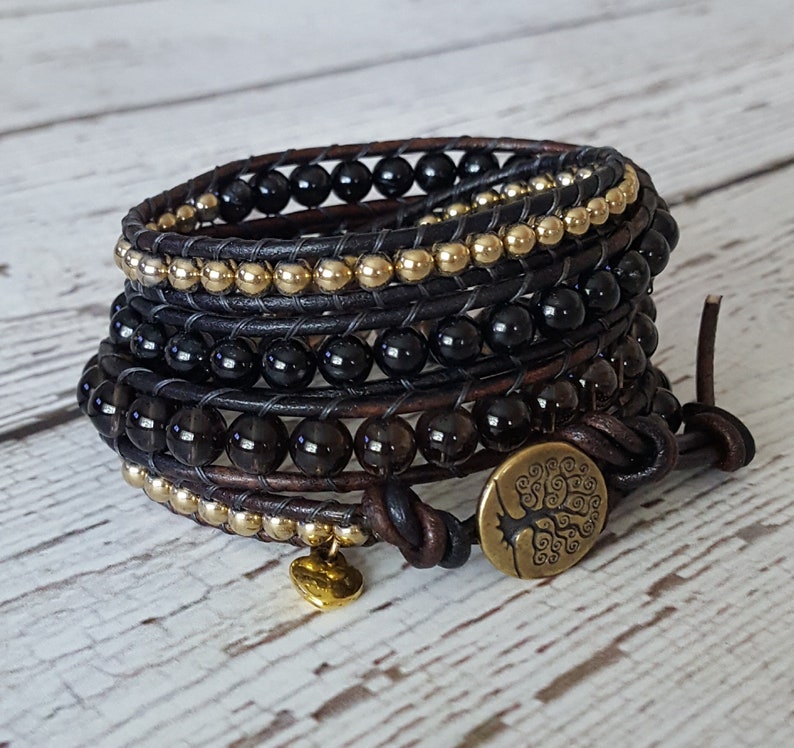 x4 Beaded Wrap Bracelet Tree of Life Boho Chic Wrap Bracelet Black Tourmaline /& Gold Hematite Wrap Bacelet Smokey Quartz Charm Bracelet