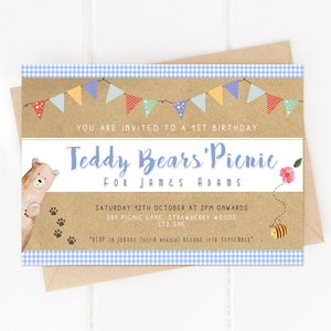 Teddy bears picnic invitation, teddy bear picnic party invite, bunting, favour tags, printables. Personalised digital download