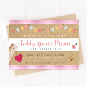 Teddy bears picnic invitation, teddy bear picnic party invite, bunting, favour tags, printables. Personalised printed or digital download