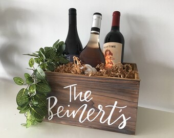 Custom Personalized Last Name Wine Box Basket | Newleywed, Year of Firsts, Wedding Gift, Bridal Shower Gift