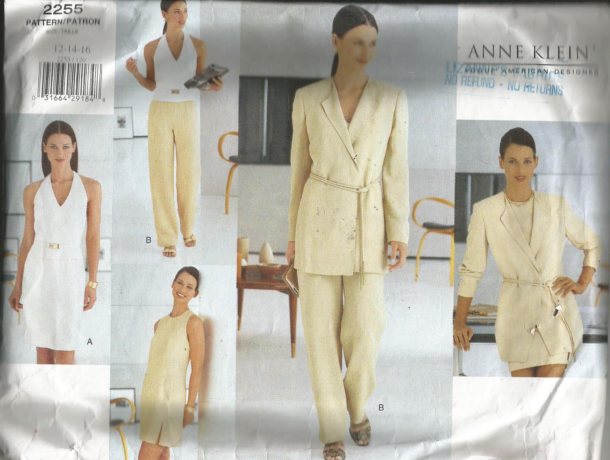 VOGUE PATTERN Anne KLEIN 2255 - Misses Petite Jacket, Dress, Top, Skirt & Pants, Size 12-14-16, Semi-Fitted Straight, Lined Dress - Uncut