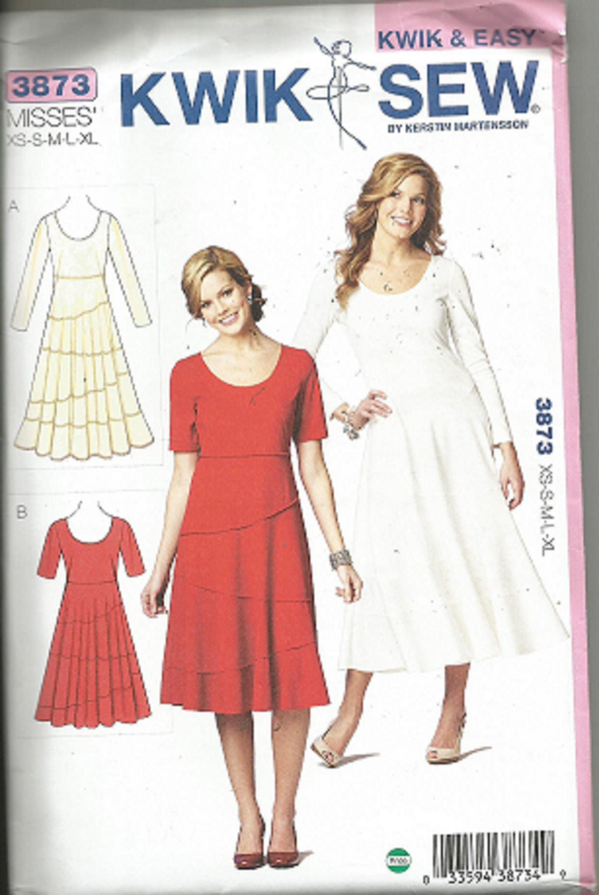 Misses DRESSES Sewing PATTERN - Size Xs-S-M-L-xL -KWIK Sew 3873 -Close-Fitting Pull-Over Dress, Flared Skirt, High Waist -Kerstin Martensson