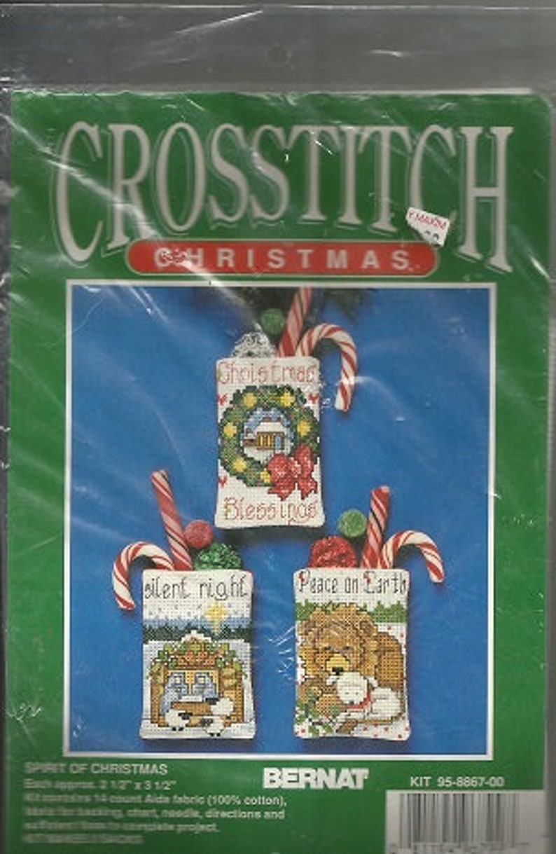 c Kit Makes 3 Christmas Sacks Christmas Project Christmas Bags Spirit of Christmas 1993 Vintage Bernat CROSS STITCH KIT