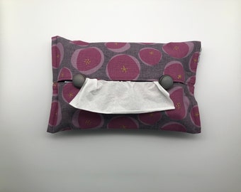 Etui boîte à mouchoirs tissu lin gris  motifs ronds /tons rose et parme