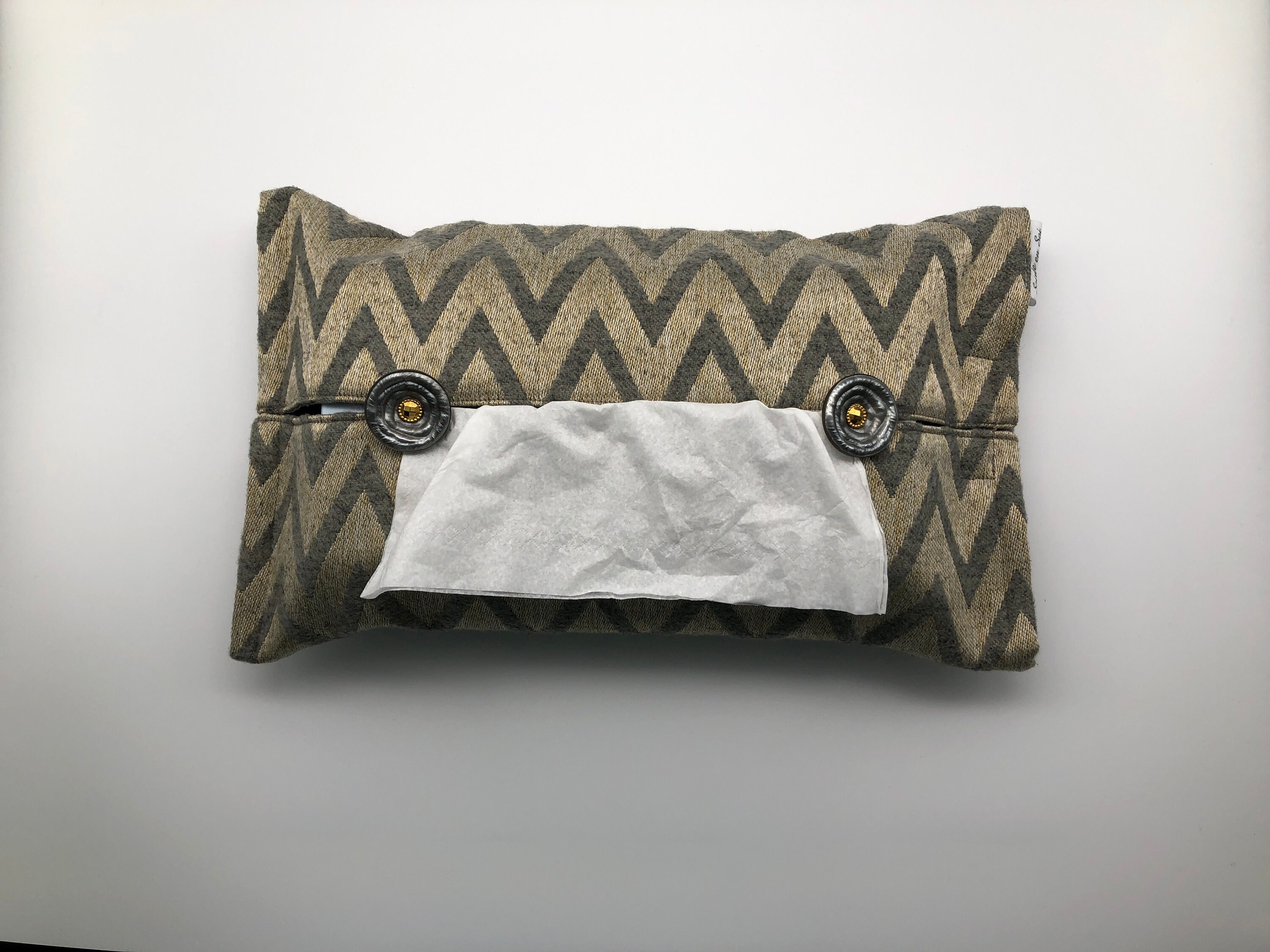 Etui Boîte à Mouchoirs Tissu Ameublement Motifs Zig Zag Gris/Mordoré