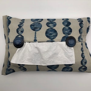 Etui boîte à mouchoirs tissu motifs chaines de bulles/ronds lin/bleu image 1