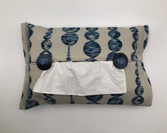 Etui boîte à mouchoirs tissu motifs chaines de bulles/ronds lin/bleu