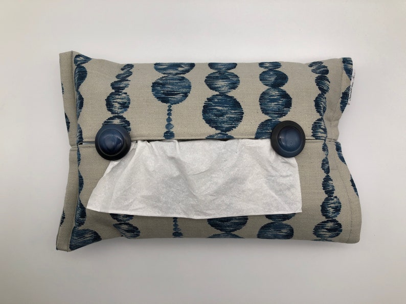 Etui boîte à mouchoirs tissu motifs chaines de bulles/ronds lin/bleu image 1
