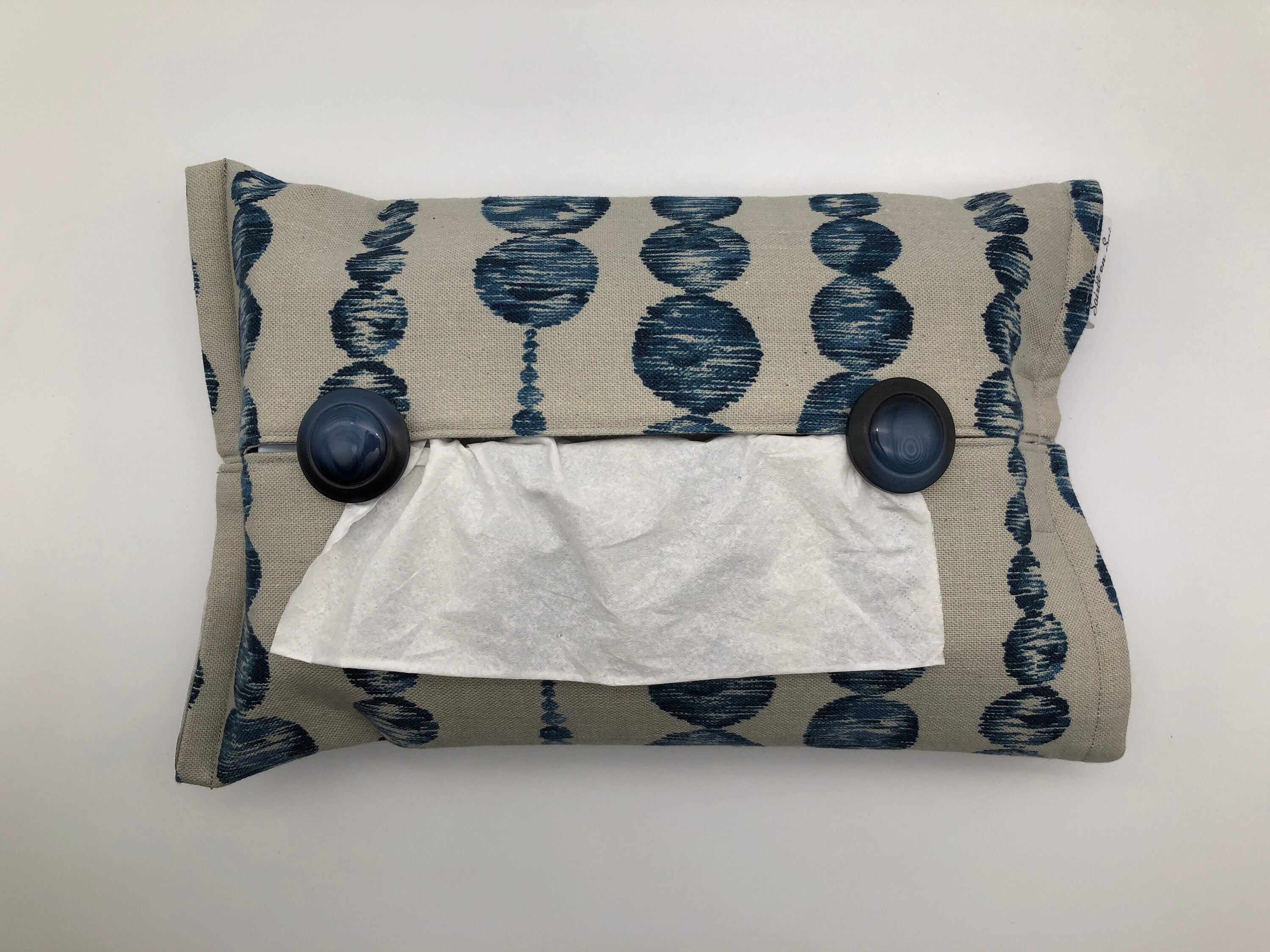 Etui Boîte à Mouchoirs Tissu Motifs Chaines de Bulles/Ronds Lin/Bleu