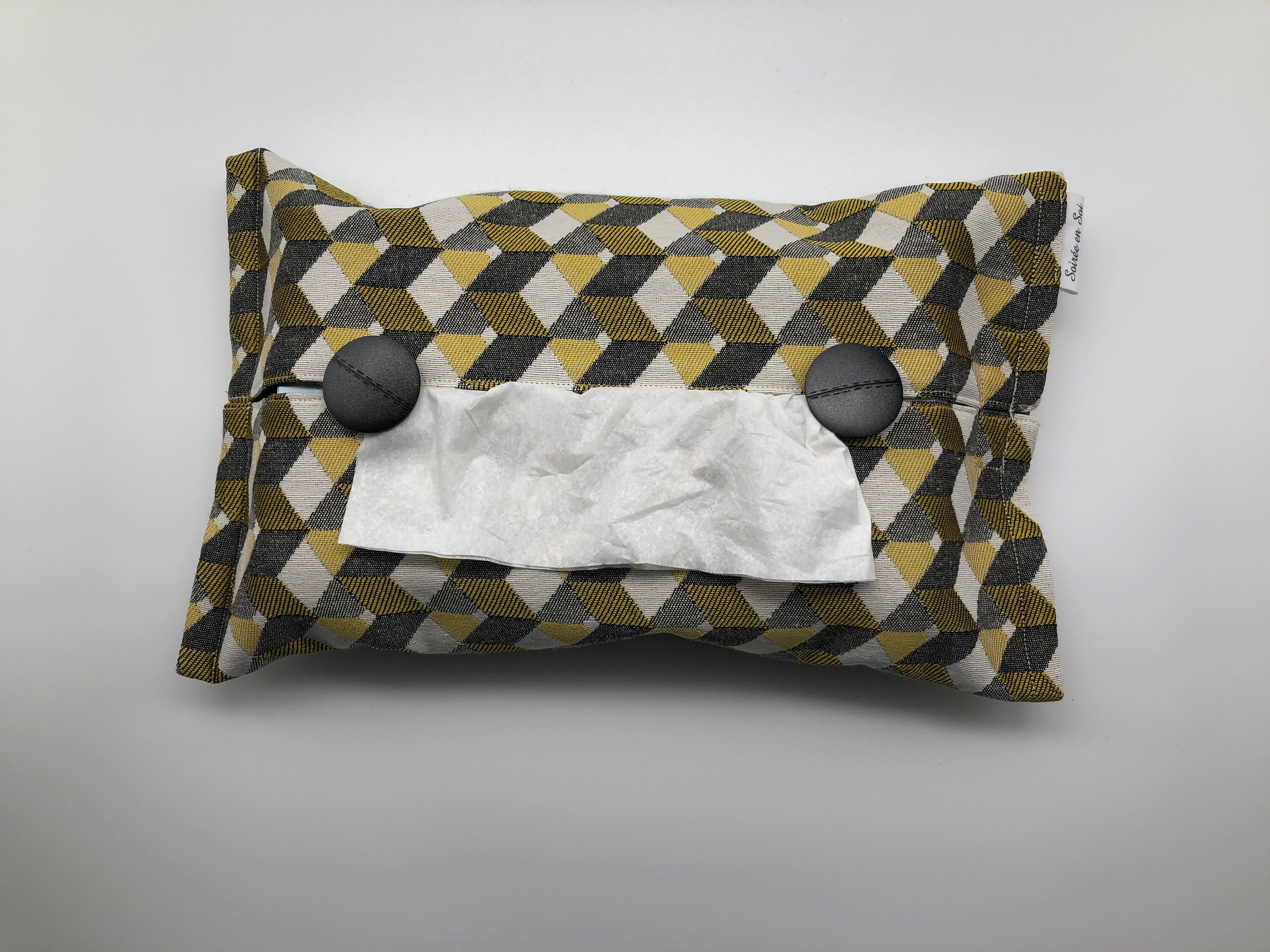 Etui Boîte à Mouchoirs Tissu Ameublement Motifs Zig Zag Jaune/Écru/Gris