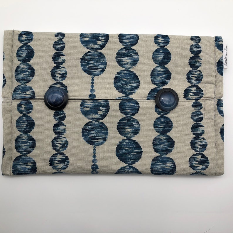 Etui boîte à mouchoirs tissu motifs chaines de bulles/ronds lin/bleu image 2