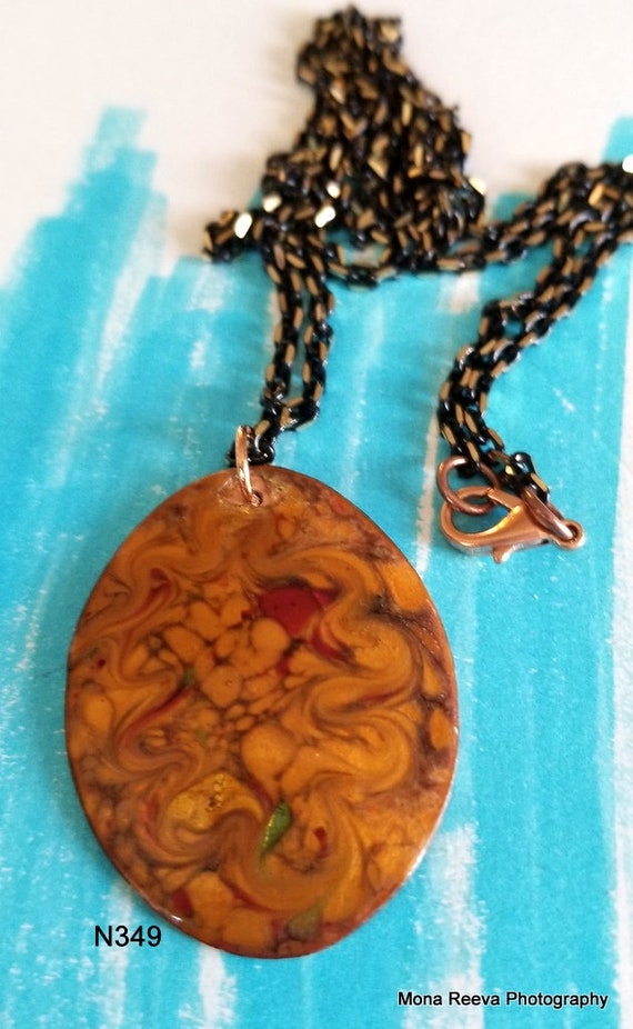Copper and Black Abstract Painted Pendant Necklace Metallic Teal