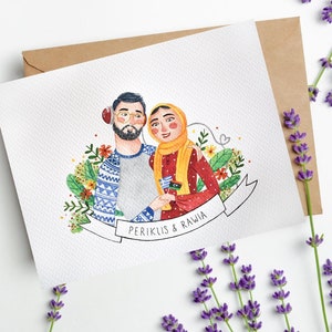 Illustration personalized couple and pet portrait, Watercolor hand painted customized couple portrait, Custom art print for anniversary gift