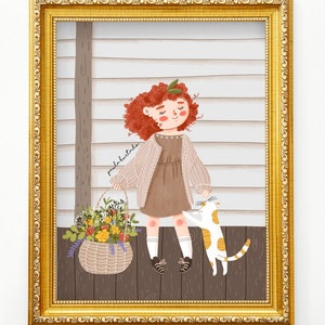 Little girl and white cat art print, Nursery wall decor illustration, Cute artwork for kids room, Girl flowers and kitten drawing Poster