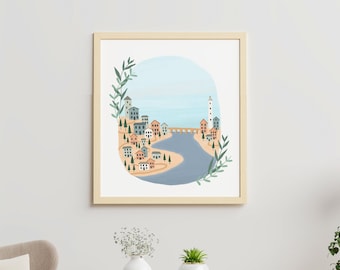 Illustration "Coastal Village" digital printing, Art Print, Illustrations of landscapes, sea, ocean, coast, Wall decoration, art, sheet