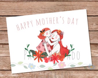 May include: A greeting card with a watercolor illustration of a mother and daughter hugging. The card is white with red and green floral accents and the text "Happy Mother's Day".
