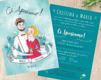 May include: A teal blue wedding invitation with illustrated cartoon characters of a couple, a cat, and a peacock feather. The text reads "Ci Sposiamo!" which translates to "We are getting married!" The invitation includes the date, time, and location of the wedding.