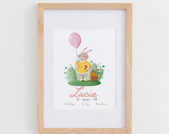 rabbit newborn print birth details, Bunny personalized baby wall art for newborn, Nursery sweet pink decor for baby girl room