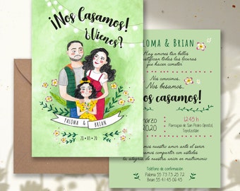 Op de afbeelding: Een groene huwelijksuitnodiging met een cartoonillustratie van een gezin van drie. De tekst luidt "¡Nos Casamos! ¿Vienes?" en "PALOMA & BRIAN 21.03.20". De uitnodiging bevat ook de tekst "LOMA & BRIAN", "Hay amores tan bellos que hacen cometer", "Nos conocimos...", "Nos besamos...", "¡Nos casamos!" en "marzo 2020", "12:45 h", "Parroquia de San Pedro Apostol", "Tepotzotlón", "mos nuestro amor ante el señor", "samos compartir con ustedes", "la alegria de nuestra unión en matrimonio", "Teléfono de confirmación", "Paloma 55 73 73 25 72", "Brian 55 4145 06 45".