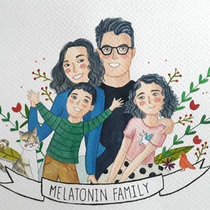 Watercolor hand painted custom family portrait, Personalized illustration family and pet from photo, Customized art print for birthday gift image 3