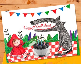 May include: A birthday card featuring a cartoon wolf with a red and white checkered picnic blanket and a red hooded girl. The wolf is saying "Happy Birthday!" and there is a cake with candles in the center of the blanket.