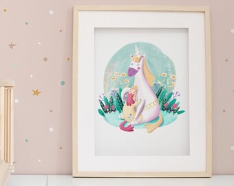 Unicorn illustration art print for nursery decor, Printable Mother and baby unicorn artwork, Wall art fantasy sweet unicorn with flowers