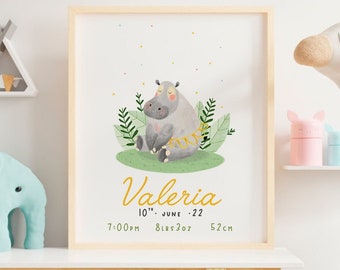 Custom new baby birth sign print, Hippo illustration for nursery decor, Newborn birth details for new parents gift, Safari artwork for baby