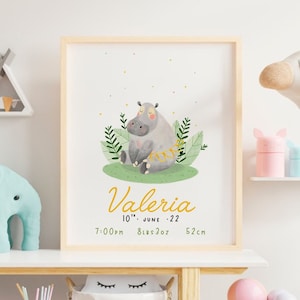 Custom new baby birth sign print, Hippo illustration for nursery decor, Newborn birth details for new parents gift, Safari artwork for baby